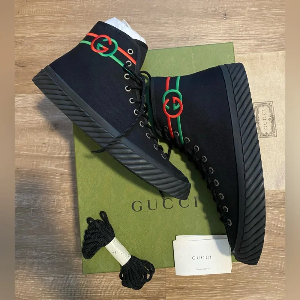 NWT Gucci GG men’s black interlocking G canvas high-top sneakers - Picture 8 of 9